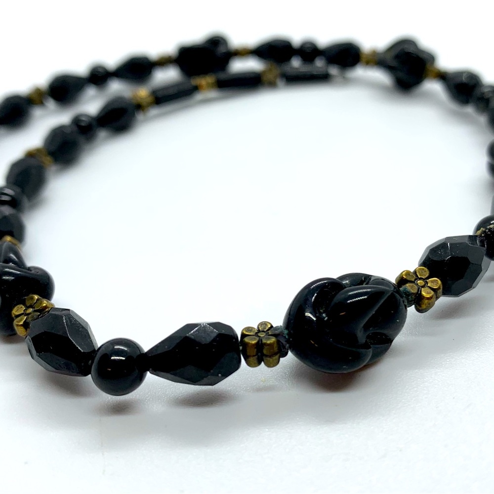 VINTAGE CZECH GLASS BEAD CHOKER COLLAR NECKLACE BLACK MOLDED BRASS FLOWERS 16”